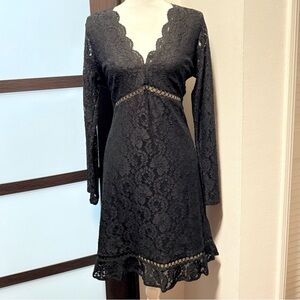 Express Scalloped Lace Midi Dress with Deep V neckline and peplum skirt.